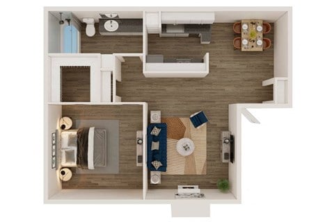 Floor plan for 1 bed, 1 bath, 648 sqft